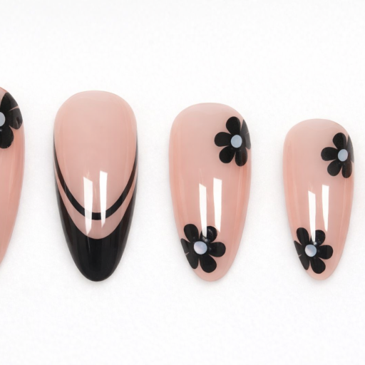 nude base with black small flowers & french black edge