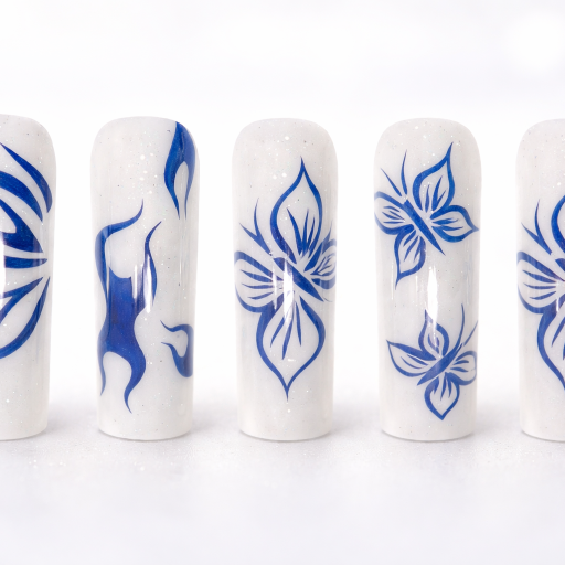 white glitter base with blue butterfly & flame patterns